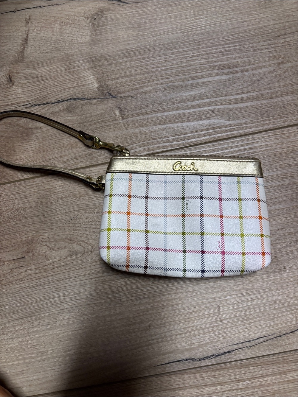 Coach Multicolor Plaid White Wristlet with Tan Trim